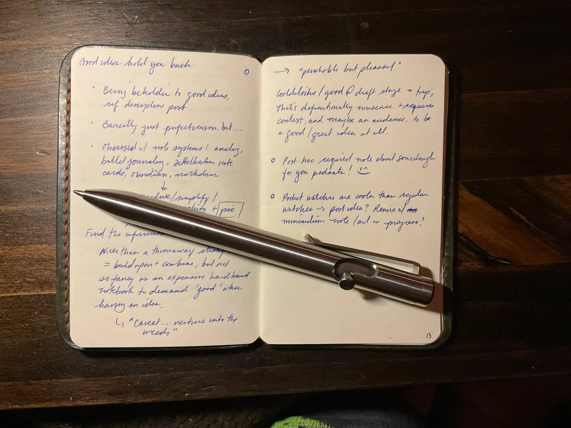 Entry in small pocket notebook showing handwritten brainstorming notes for this post